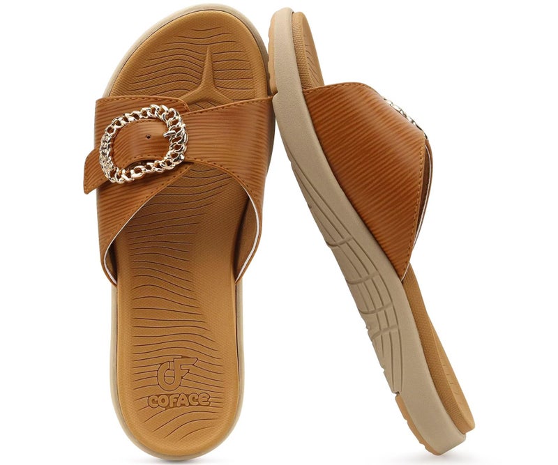 COFACE Womens Dressy Orthotic Slides Ladies Yoga Memory Foam Leather Cushion Recovery Walking Sandals Open Toe Strap Summer Slip On Slippers Comfortable Plantar Fasciitis Arch Support Khaki Size 8 - Image 1