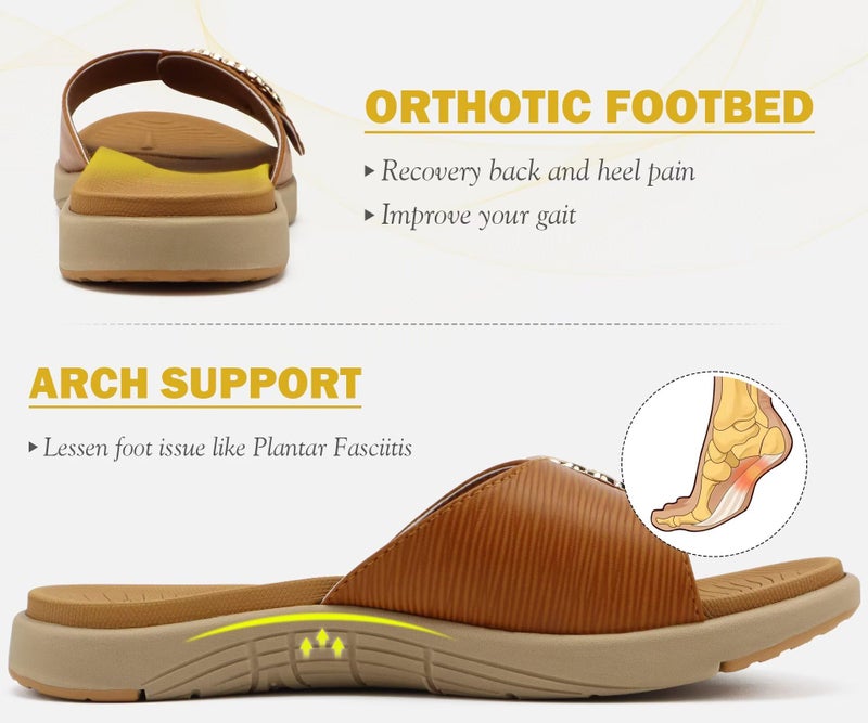 COFACE Womens Dressy Orthotic Slides Ladies Yoga Memory Foam Leather Cushion Recovery Walking Sandals Open Toe Strap Summer Slip On Slippers Comfortable Plantar Fasciitis Arch Support Khaki Size 8 - Image 3