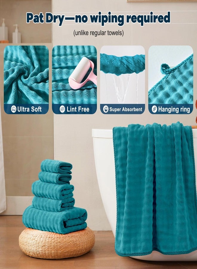 COZYART طقم مناشف كوزي آرت الخالية من الوبر، 8 قطع، لون أزرق مخضر، فائقة النعومة، ماصة وسريعة الجفاف، مصنوعة من ألياف دقيقة 500 جرام/متر مربع، بتصميم فقاعات ثلاثية الأبعاد، طقم للاستخدام اليومي في الحمام، يتضمن منشفتين للاستحمام، ومنشفتين للشعر، ومنشفتين لليدين، ومنشفتين للوجه. - Image 3