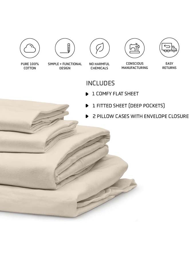 RocketLinen King 400 Thread Count 4 Piece Cotton Bed Sheet Set Flat Sheet Fitted Sheet & 2 Pillowcase Sateen Weave Beige Easy Care Hotel Style (King) - Image 2