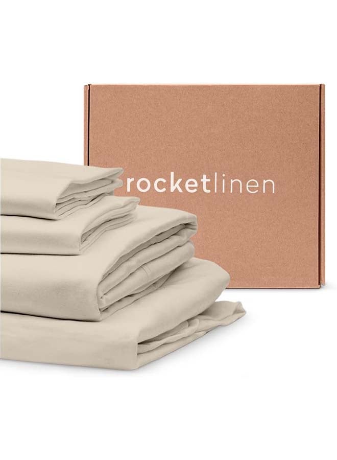 RocketLinen King 400 Thread Count 4 Piece Cotton Bed Sheet Set Flat Sheet Fitted Sheet & 2 Pillowcase Sateen Weave Beige Easy Care Hotel Style (King) - Image 1