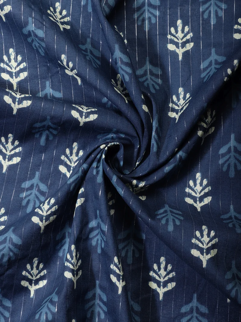 أيه كيه إس Indigo Block Print Fabric with Metallic Silver Lining