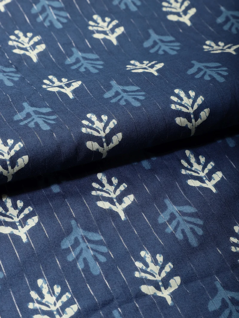 أيه كيه إس Indigo Block Print Fabric with Metallic Silver Lining
