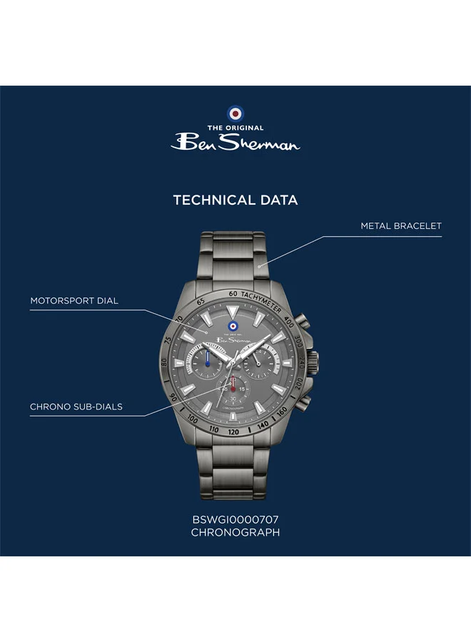 Ben Sherman Gunmetal Liverpool  Gunmetal Dial Gunmetal Stainless Steel Bracelet Chronograph Watch for Men, 44mm for Men | Best Price UAE