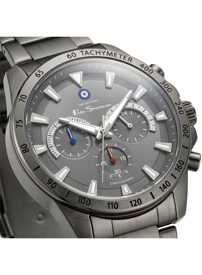 بين شيرمان Liverpool  Gunmetal Dial Gunmetal Stainless Steel Bracelet Chronograph Watch for Men, 44mm