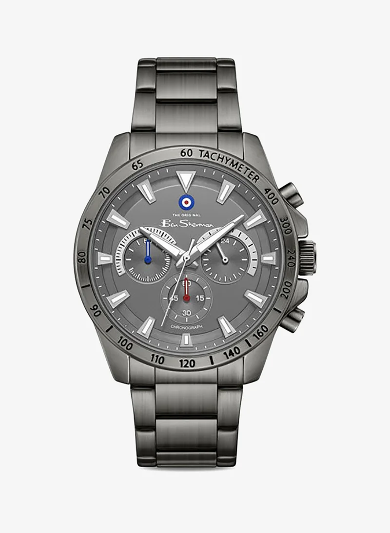 Ben Sherman Liverpool  Gunmetal Dial Gunmetal Stainless Steel Bracelet Chronograph Watch for Men, 44mm
