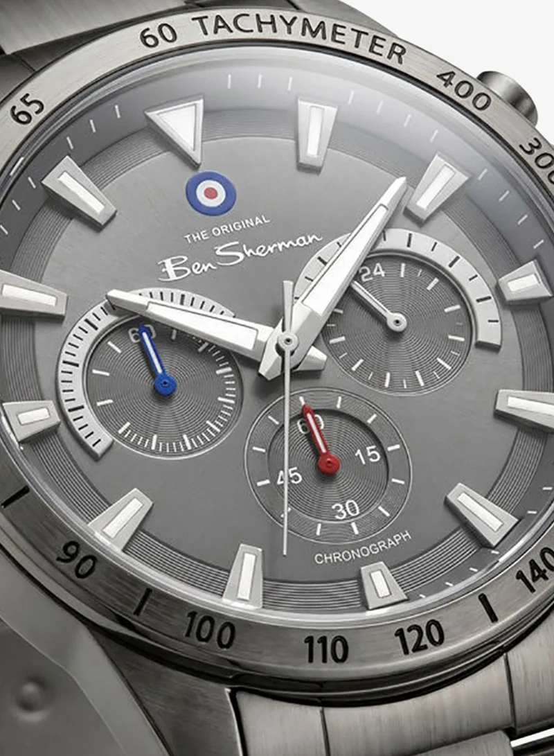 Ben Sherman Liverpool  Gunmetal Dial Gunmetal Stainless Steel Bracelet Chronograph Watch for Men, 44mm