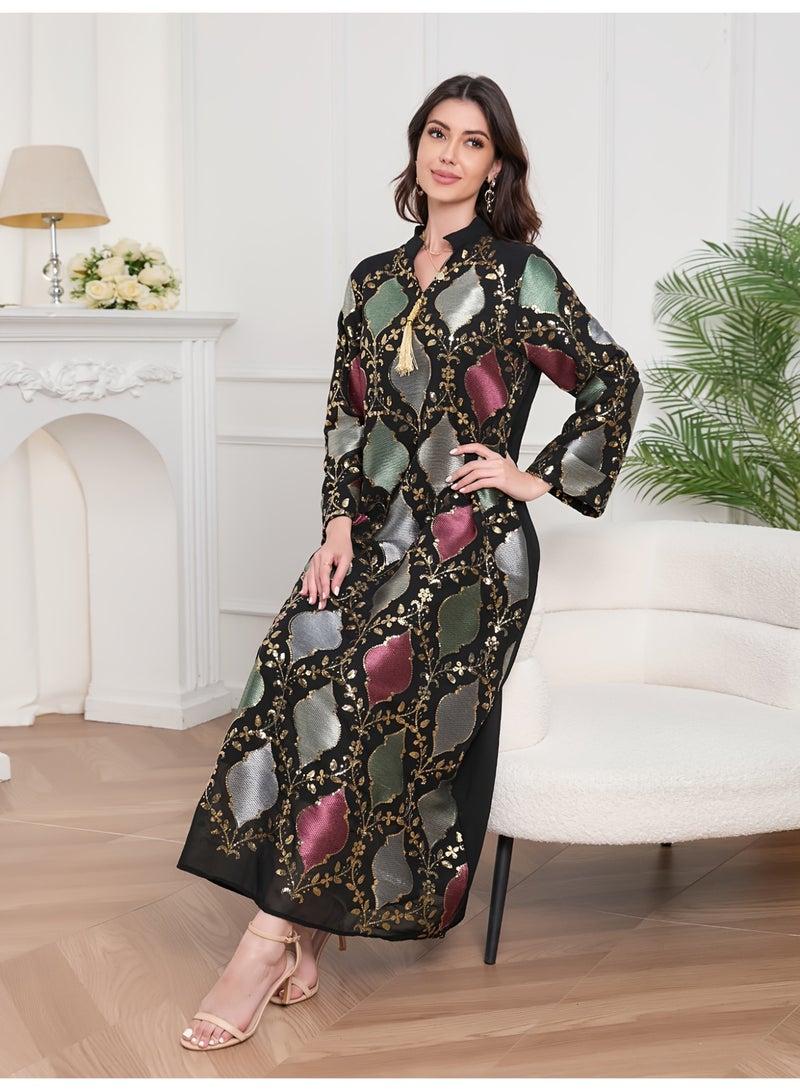 عباية نسائية طويلة بتطريز ترتر وشرابات، تصميم عربي أنيق - Image 5