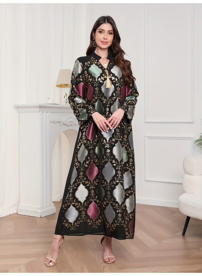 عباية نسائية طويلة بتطريز ترتر وشرابات، تصميم عربي أنيق - Image 2