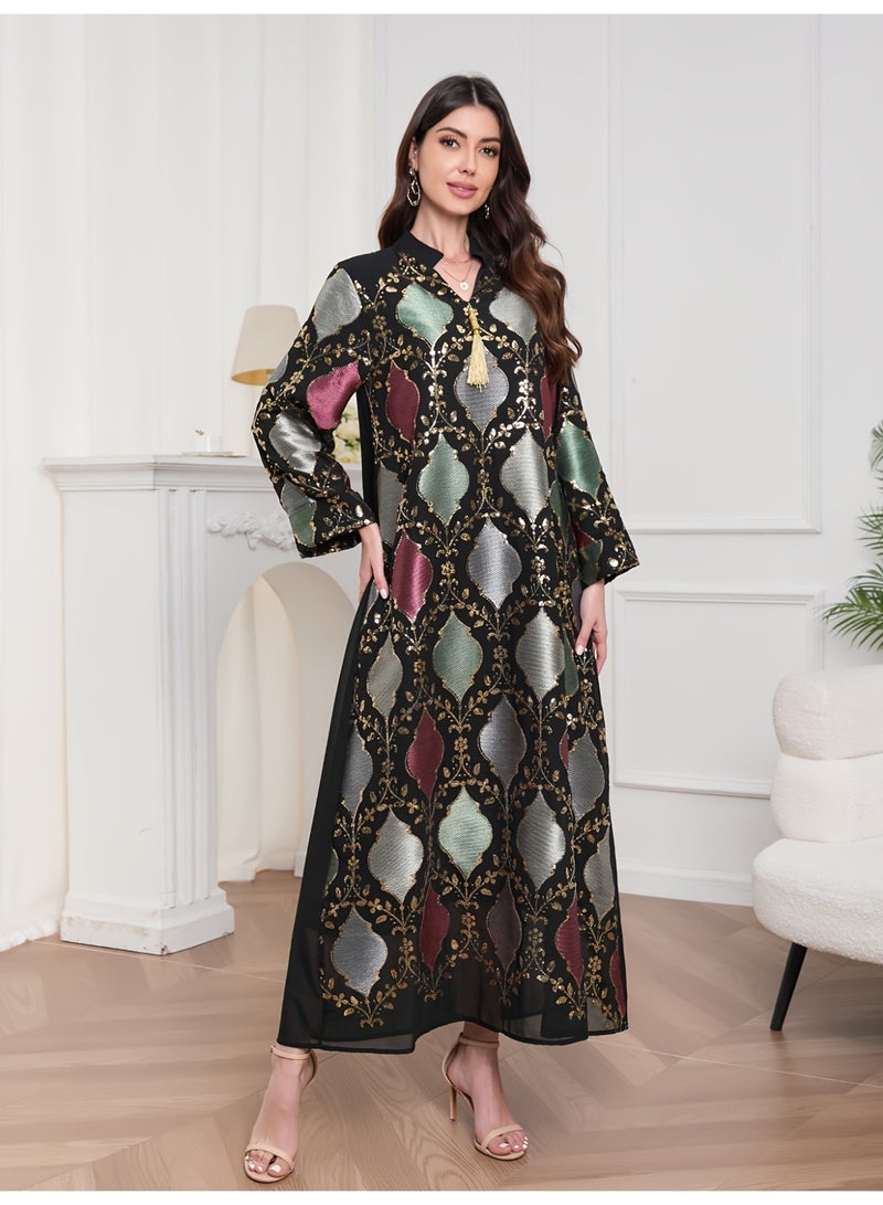 عباية نسائية طويلة بتطريز ترتر وشرابات، تصميم عربي أنيق - Image 1