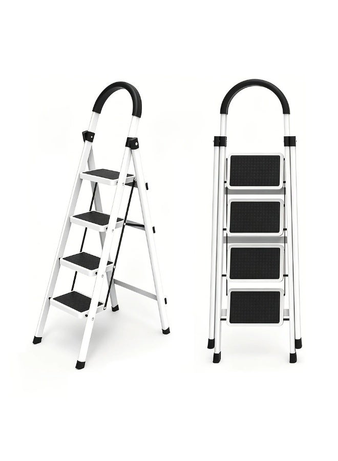 RollsTimi  4‑Step Folding Household Step Ladder Silver Black, Home Ladder with Anti‑Slip Pedals & U‑Shaped Handrail, Portable Foldable Step Stool for Home Library Kitchen Ceiling Light Repair - Image 2
