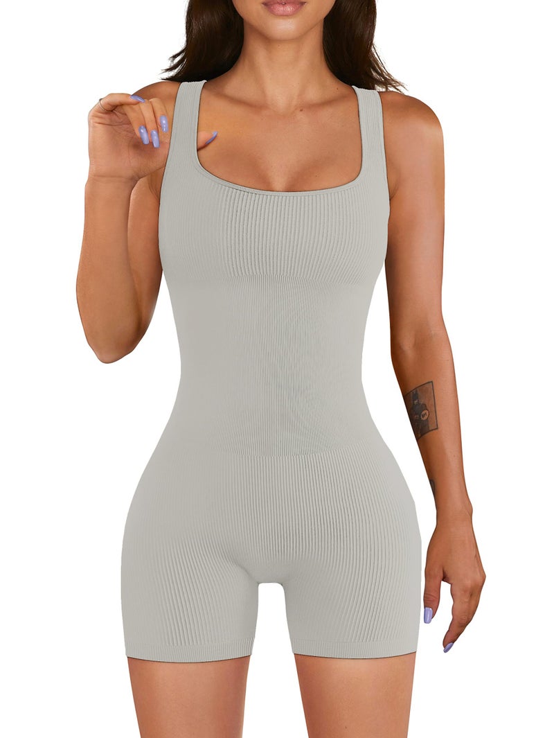 YIOIOIO Women Yoga Romper Workout Ribbed Square Neck One Piece Seamless Tank Top Jumpsuit - Image 1