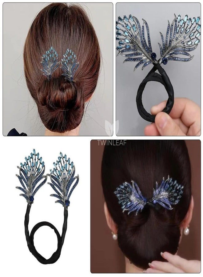 Twinleaf Crystal Peacock Feather Hair Bun | Rhinestone Juda Accessories | Hair Bun Accessories Clip with Elastic Band | Hair Accessories for Women Wedding Updo Party Style (Blue) - Image 5