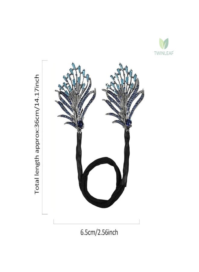 Twinleaf Crystal Peacock Feather Hair Bun | Rhinestone Juda Accessories | Hair Bun Accessories Clip with Elastic Band | Hair Accessories for Women Wedding Updo Party Style (Blue) - Image 4