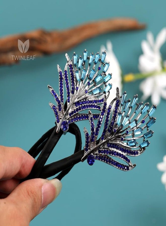 Twinleaf Crystal Peacock Feather Hair Bun | Rhinestone Juda Accessories | Hair Bun Accessories Clip with Elastic Band | Hair Accessories for Women Wedding Updo Party Style (Blue) - Image 2