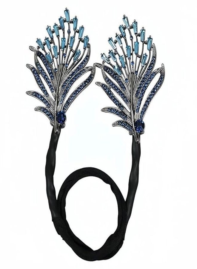 Twinleaf Crystal Peacock Feather Hair Bun | Rhinestone Juda Accessories | Hair Bun Accessories Clip with Elastic Band | Hair Accessories for Women Wedding Updo Party Style (Blue) - Image 1