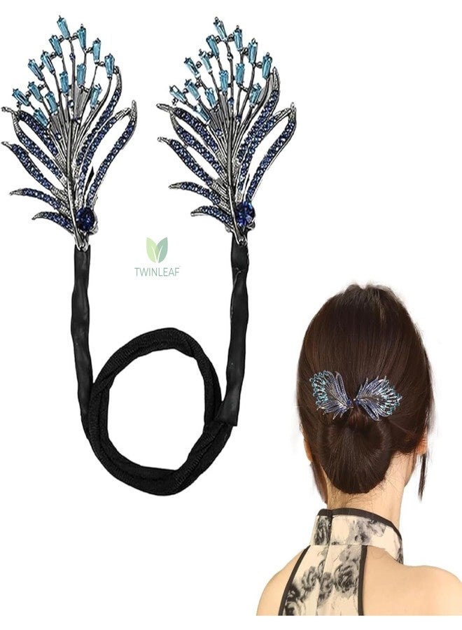 Twinleaf Crystal Peacock Feather Hair Bun | Rhinestone Juda Accessories | Hair Bun Accessories Clip with Elastic Band | Hair Accessories for Women Wedding Updo Party Style (Blue) - Image 3