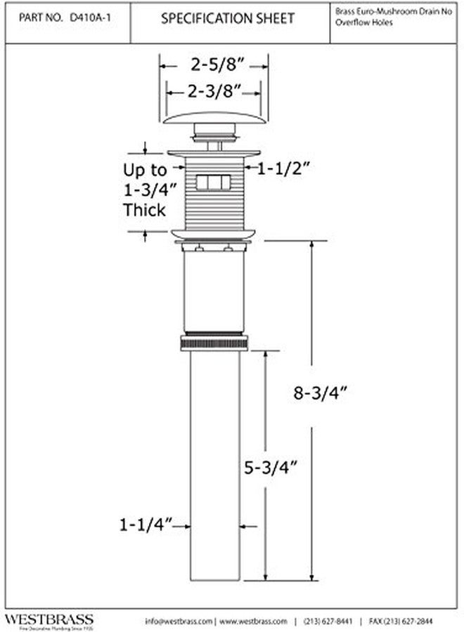 ويست براس مصرف حوض غسيل Westbrass D410A-1-26 ذو غطاء على شكل فطر أوروبي بدون فتحة تصريف فائض - Image 2