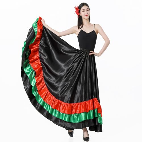 Backgarden Adult Ruffles Black Red Green Maxi Long Dance Skirt for Mexican Flamenco Halloween Costume (Black Skirt-Green/red Ruffles) - Image 2
