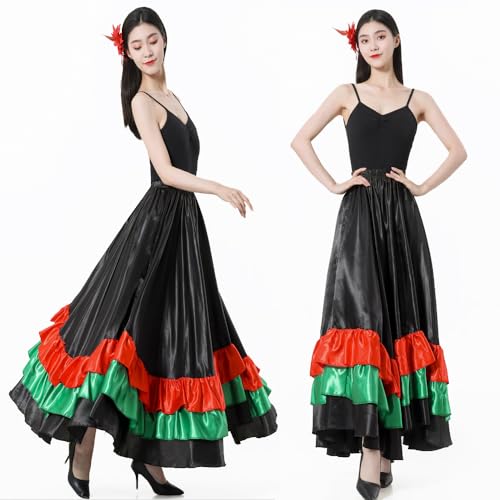 Backgarden Adult Ruffles Black Red Green Maxi Long Dance Skirt for Mexican Flamenco Halloween Costume (Black Skirt-Green/red Ruffles) - Image 5