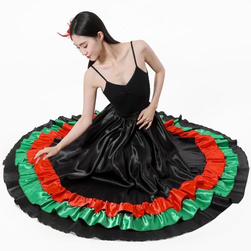 Backgarden Adult Ruffles Black Red Green Maxi Long Dance Skirt for Mexican Flamenco Halloween Costume (Black Skirt-Green/red Ruffles) - Image 3