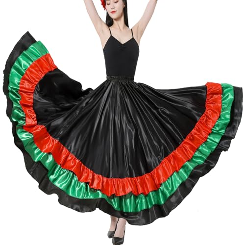 Backgarden Adult Ruffles Black Red Green Maxi Long Dance Skirt for Mexican Flamenco Halloween Costume (Black Skirt-Green/red Ruffles) - Image 1