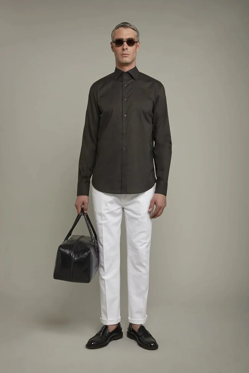 Doppelganger Men's Casual Shirt Classic Collar 100% Cotton Muslin Fabric Solid Color Comfort Fit - Smoke