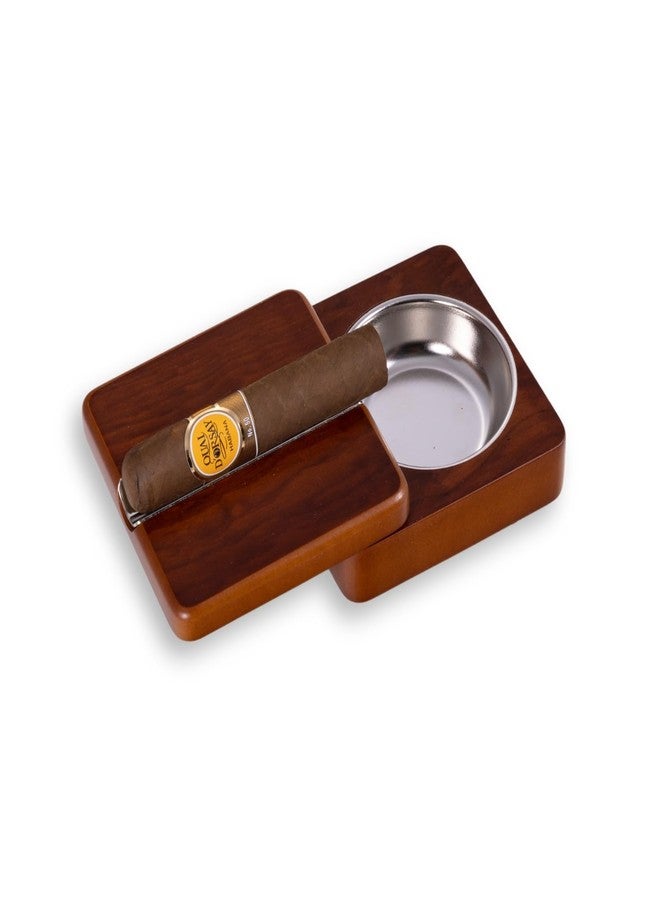 Bey-Berk Single Cigar Ashtray with Compact, Swivel Design 4"x4"x1.75" (LxWxH) Luxury Solid Wood Cigar Ashtray with Stainless Steel Tray for Outdoors, Travel and Indoor Use - Brown - Image 2