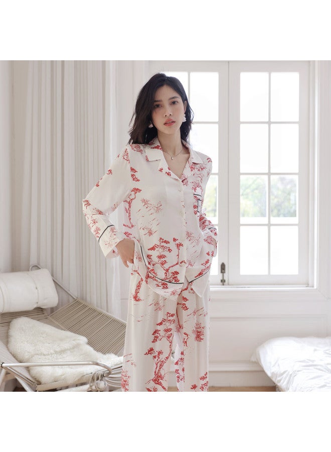 Zisehy Purple Flower Language Elegant Pajamas Women's Spring And Autumn New Red Pine Print Home Wear White M - Image 1