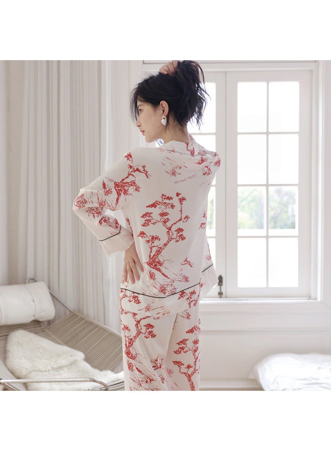 Zisehy Purple Flower Language Elegant Pajamas Women's Spring And Autumn New Red Pine Print Home Wear White M - Image 2