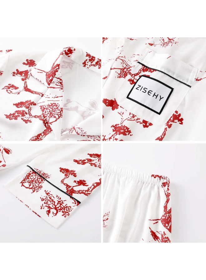 Zisehy Purple Flower Language Elegant Pajamas Women's Spring And Autumn New Red Pine Print Home Wear White M - Image 4