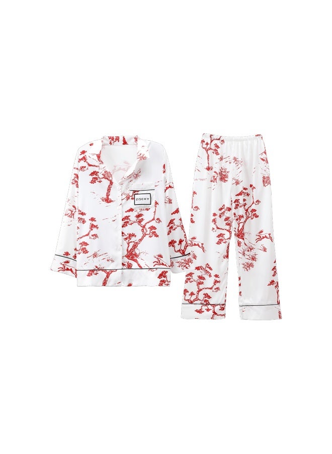 Zisehy Purple Flower Language Elegant Pajamas Women's Spring And Autumn New Red Pine Print Home Wear White M - Image 5