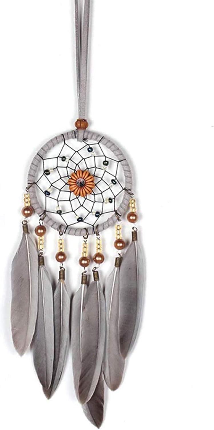 SPANICE Feather Dream Catcher Car Interior Rearview Pendant, Feather Dream Catchers Wall Hanging Decorations(Style 1 - Grey) - Image 1