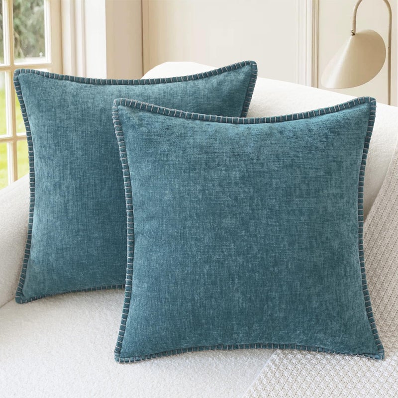 CaliTime Throw Pillow Covers Decorative 16 X 16 Inches Pack of 2 Cotton Thread Stitching Edges Solid Dyed Soft Chenille Cushion Cases for Couch Sofa Bed Living Room Farmhouse Smoke Blue