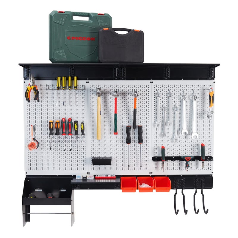 Ultrawall Peboard Storage Organizer 48x36 inch Pegboard Wall Organizer Metal Garage Peg Board with Toolboard Utility Hooks Overhead Shelf 105pcs