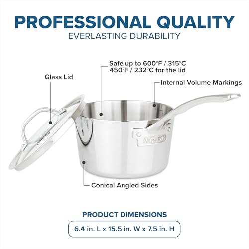 Viking Contemporary 3-Ply Stainless Steel Sauce Pan with Glass Lid, 2.4 Quart Saucepan Cooking Pot, Dishwasher and Oven Safe, Induction Ready, Silver - Image 5