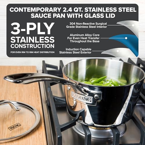 Viking Contemporary 3-Ply Stainless Steel Sauce Pan with Glass Lid, 2.4 Quart Saucepan Cooking Pot, Dishwasher and Oven Safe, Induction Ready, Silver - Image 2