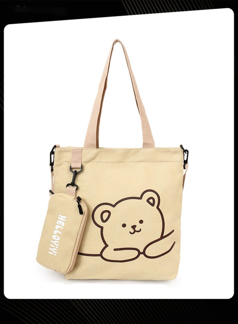 Joychic حقيبة كتف للطلاب مطبوعة عليها دب جميل، حقيبة كتب محمولة كبيرة الحجم قابلة للطي، حقيبة قماشية مع جراب أقلام، كاكي - Image 3