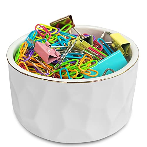 HOMSUN Paper Clip Holder Ceramic Paper Clip Holders Paperclips Holder Dispenser Cute Gold Line Paper Clip Organizer for Desk Binder Clip Holder Bobby Pin Hair Clip Holder Gift for Office White - Image 2