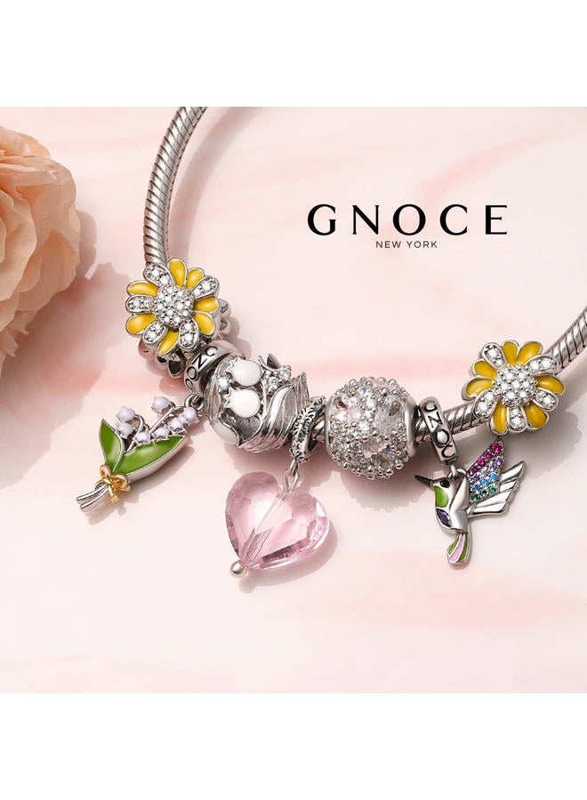 GNOCE Flower/Plant Pendant Charms 925 Sterling Silver Dangle Hummingbird Charm Bead Fit Bracelet/Necklace For Women Girls Wife Daughter, Sterling Silver, Cubic Zirconia - Image 4