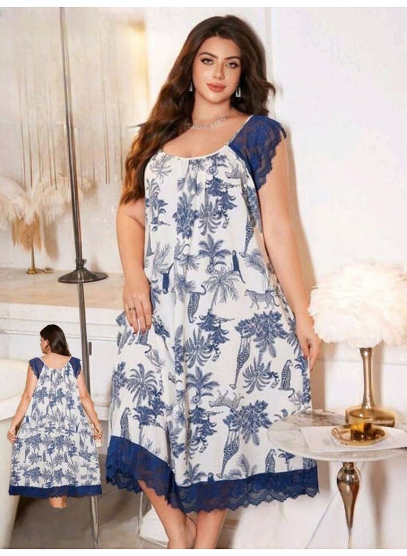 Women's Tropical Print Long Nightgown with Lace Trim - White & Navy Blue - Image 1