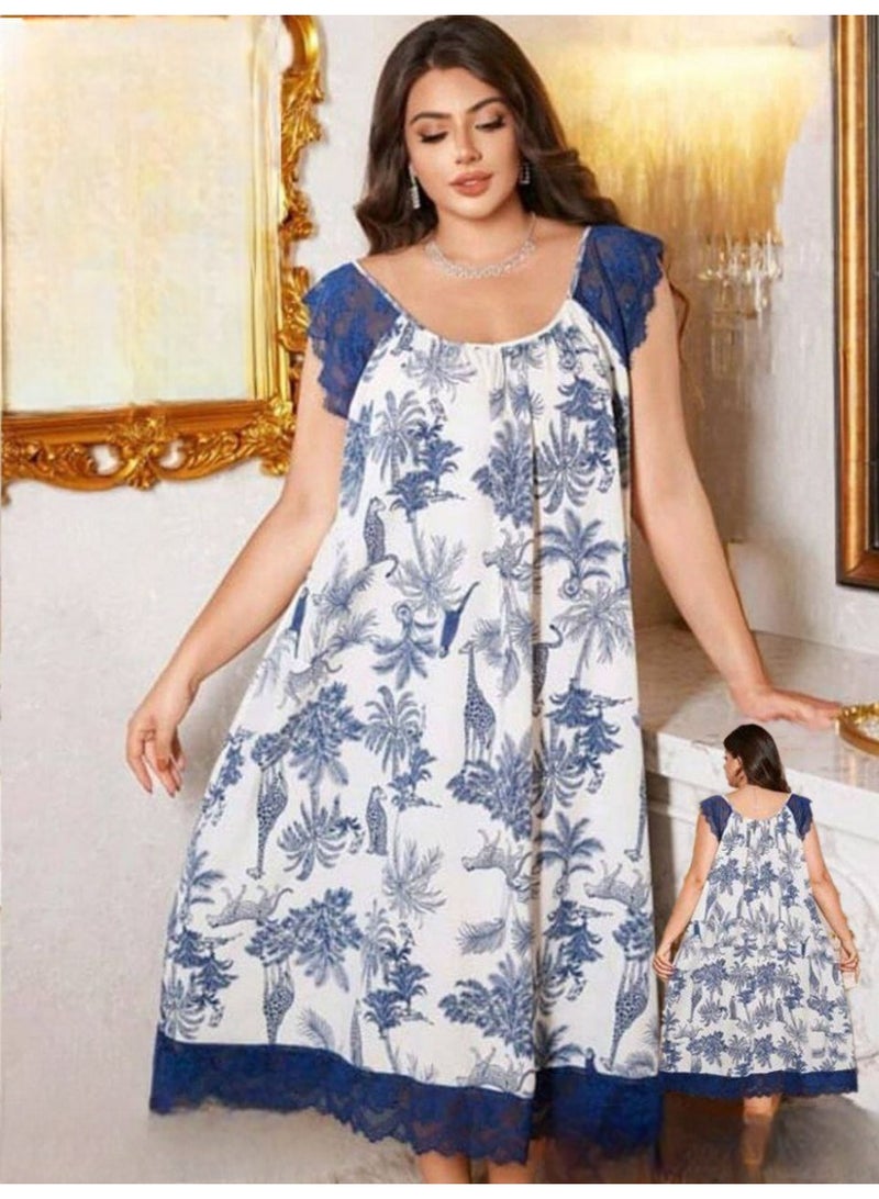 Women's Tropical Print Long Nightgown with Lace Trim - White & Navy Blue - Image 2