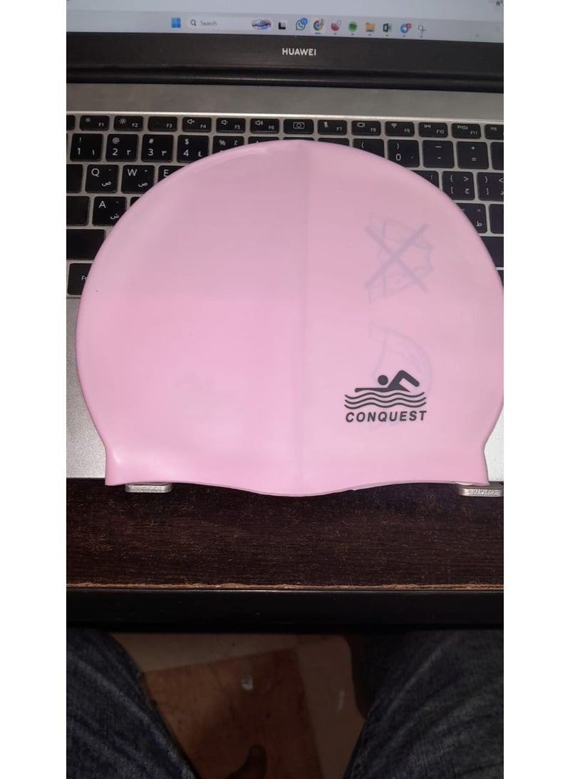 كونكويست قبعة سباحة، مقاومة للماء من السيليكون قبعة سباحة مطاطية كبيرة بقوة مرنة تمتد بحرية لمعدات السباحة (بينك) _ قبعة سليكون-كاب سباحه - Image 1