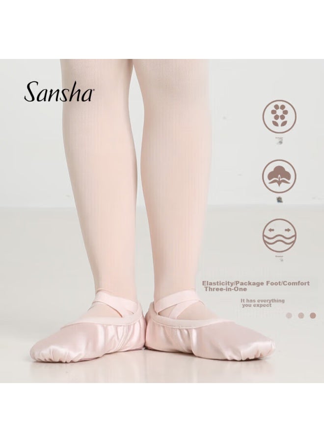 Sansha Children's Dance Practice Shoes, Elastic Satin Ballet Flats, Two-piece Sole Cat Paw Shoes, English Satin, Size 32 - Image 2