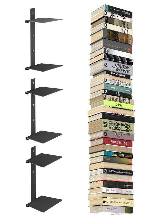 Mefirt Invisible Floating Bookshelves for Wall, 2 Tier Vertical Spine Book Tower, Heavy Duty Floating Book Shelves Metal Black Book Organizers for Bedroom Living Room Office Study Room, 3 Pack - Image 1