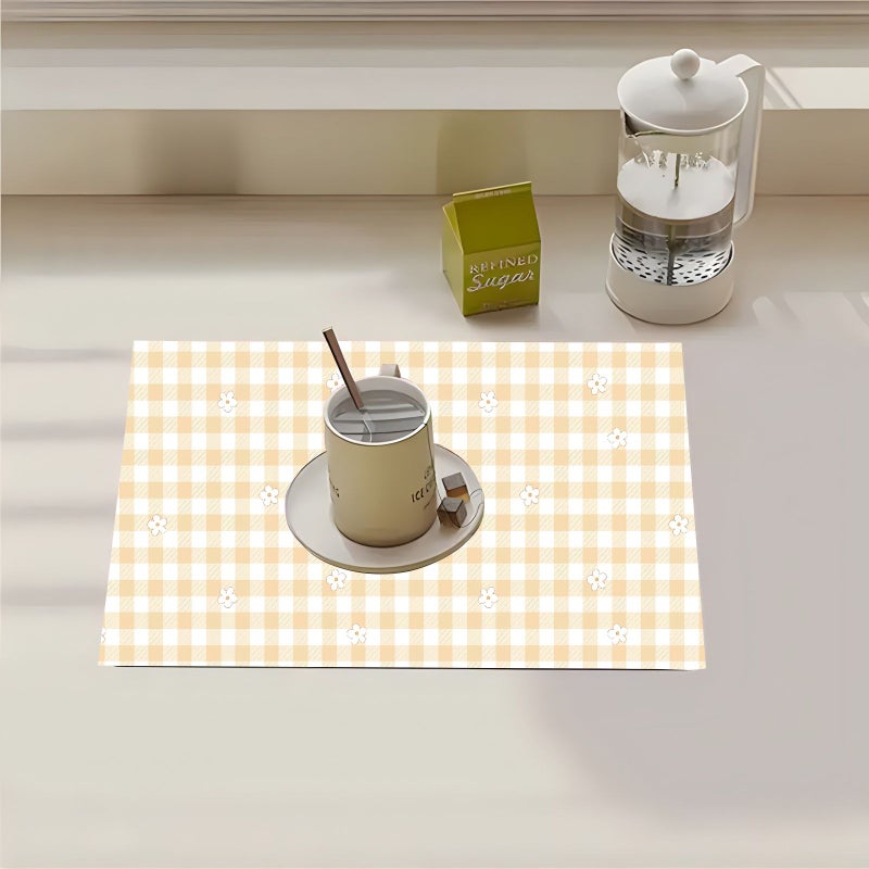 1pc Yellow Checkered Floral Kitchen Drainage Mat Countertop Absorbent Mat For Tables and Coasters Bathroom Sink Coaster Tray Washing Machine Heat Insulation Mat 236x236 Inch - Image 5