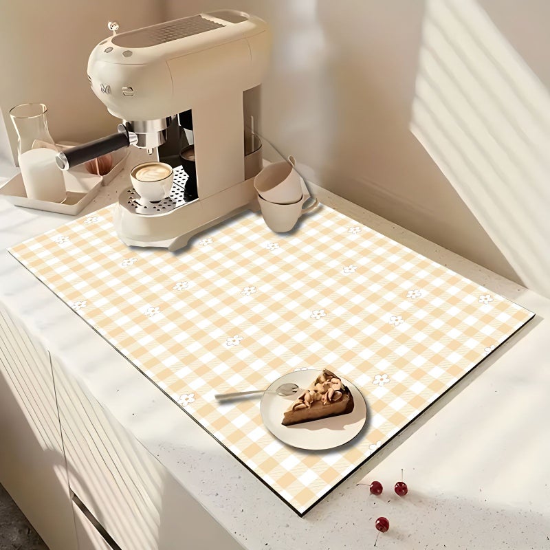 1pc Yellow Checkered Floral Kitchen Drainage Mat Countertop Absorbent Mat For Tables and Coasters Bathroom Sink Coaster Tray Washing Machine Heat Insulation Mat 236x236 Inch - Image 4