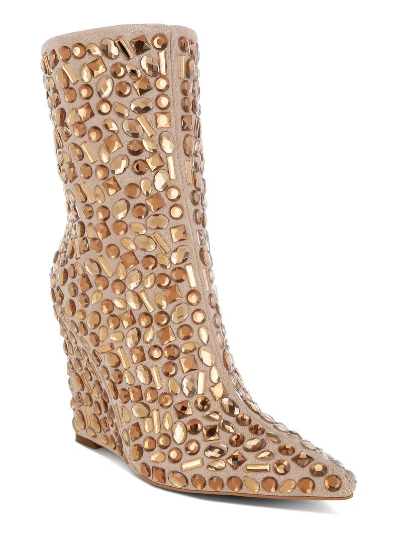 Diamante Slim Wedge Heel Boots in Beige