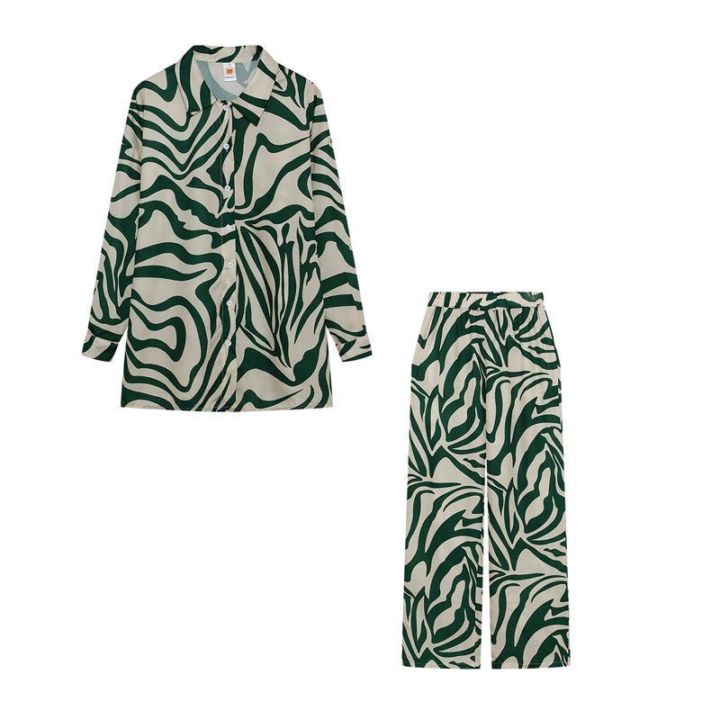 2024 cross-border version of street hipster printed pants suit long sleeve full print shoulder shirt suit green stripe - Image 1