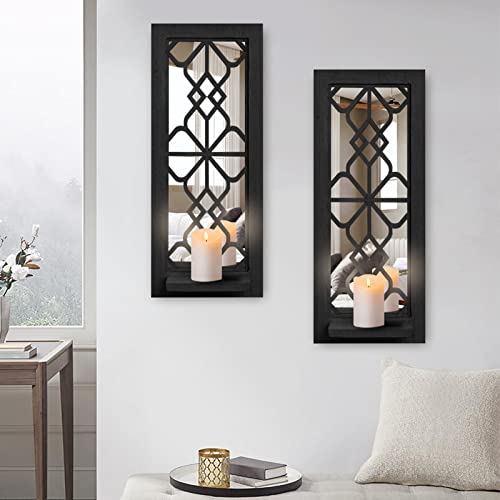 ZEXUIRU Wood Wall Sconce Candle Holder Set 2, Rustic Candle Sconces, Farmhouse Hanging Wall Décor, Carved Wood Frame, Mirrored Wall Accent - Image 1
